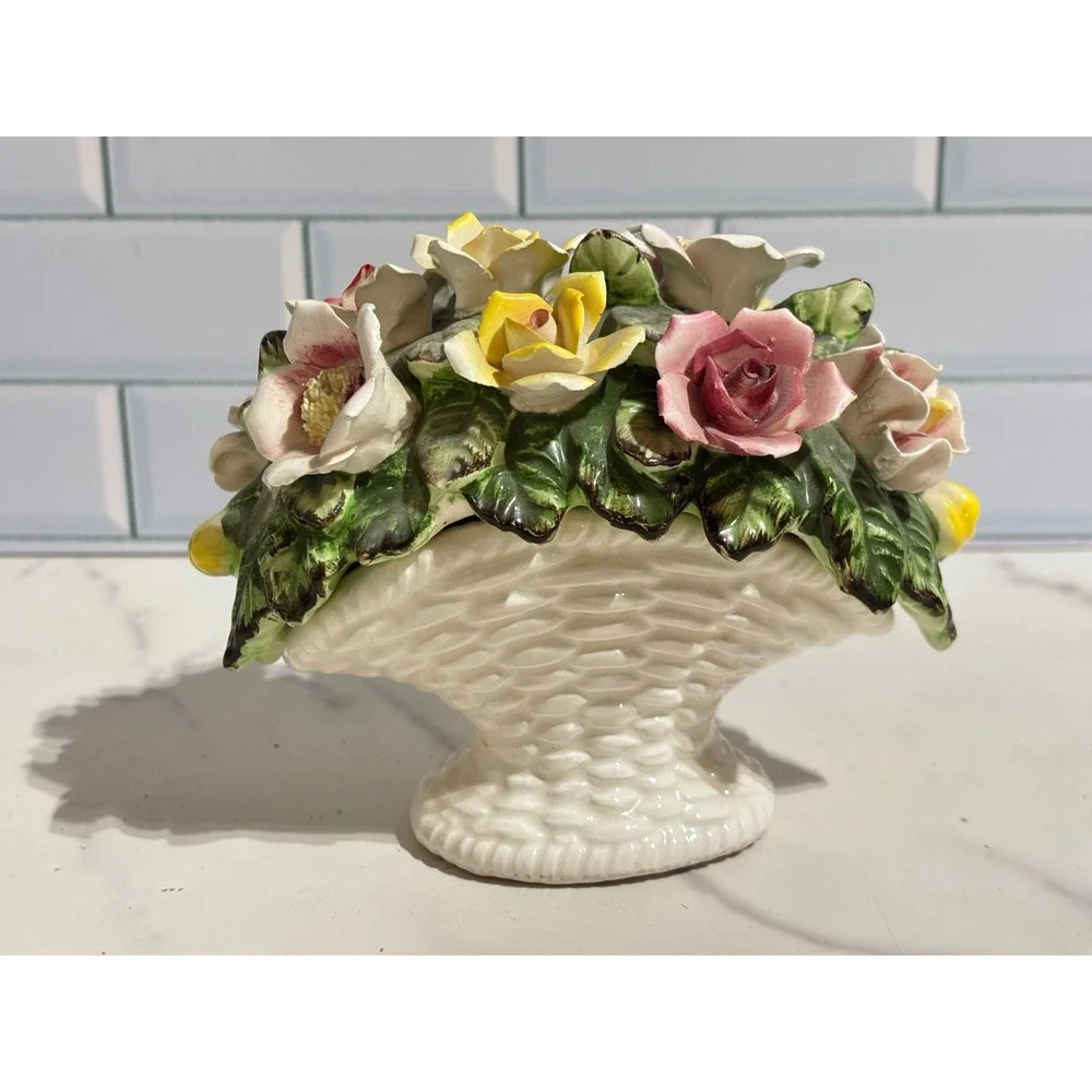 Vintage Lefton Porcelain Flower Basket Centerpiece Multi-Color Floral